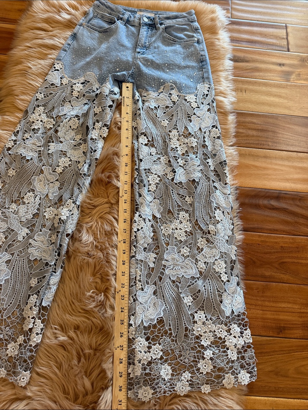 Bayeas Los Angeles Lace Panel Rhinestone Straight-Leg Jeans size 26 - Picture 8 of 15